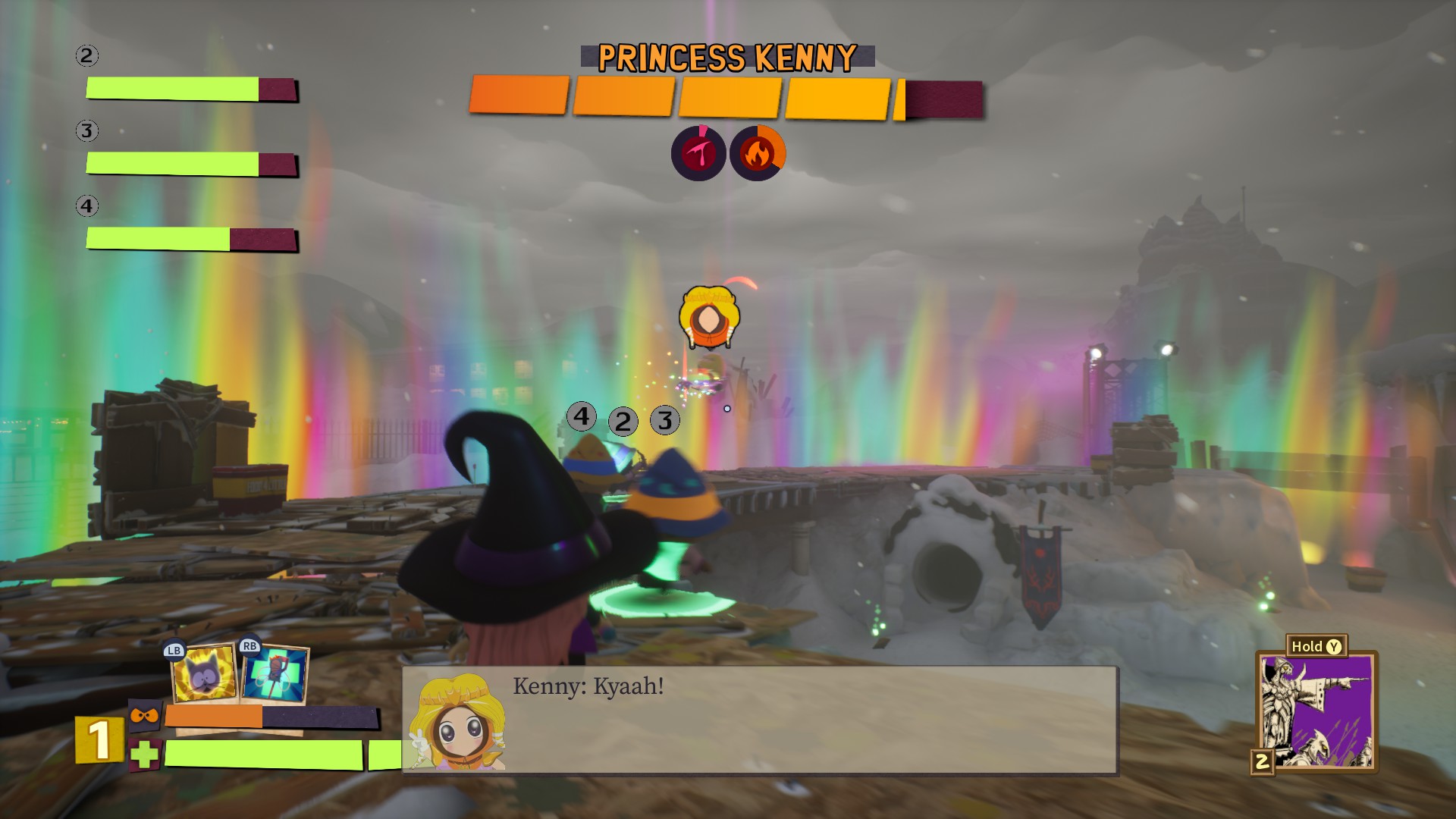 An in game image of the Princess Kenny boss fight from South Park: Snow Day
