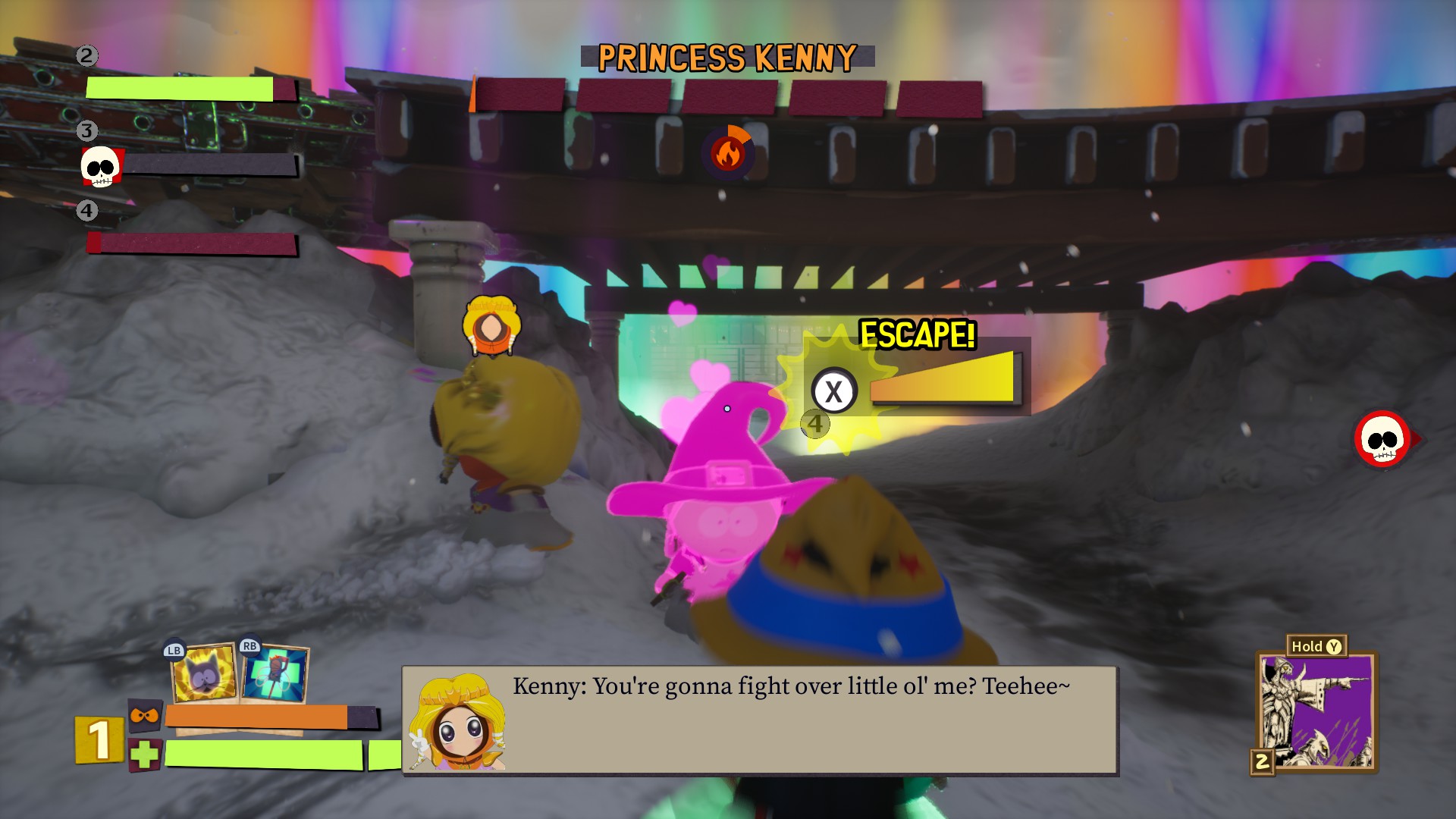 An in game image of the Princess Kenny boss fight from South Park: Snow Day