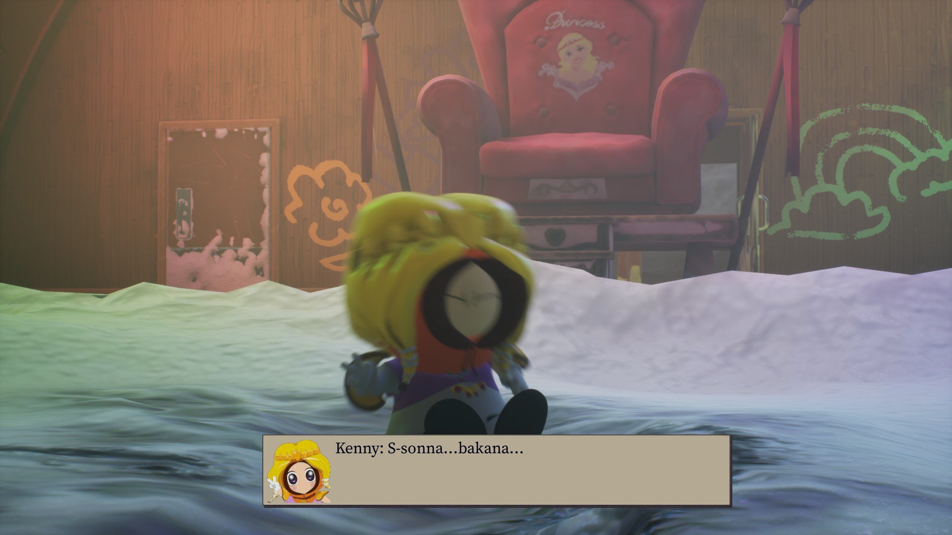 An in game image of a defeated Princess Kenny from South Park: Snow Day