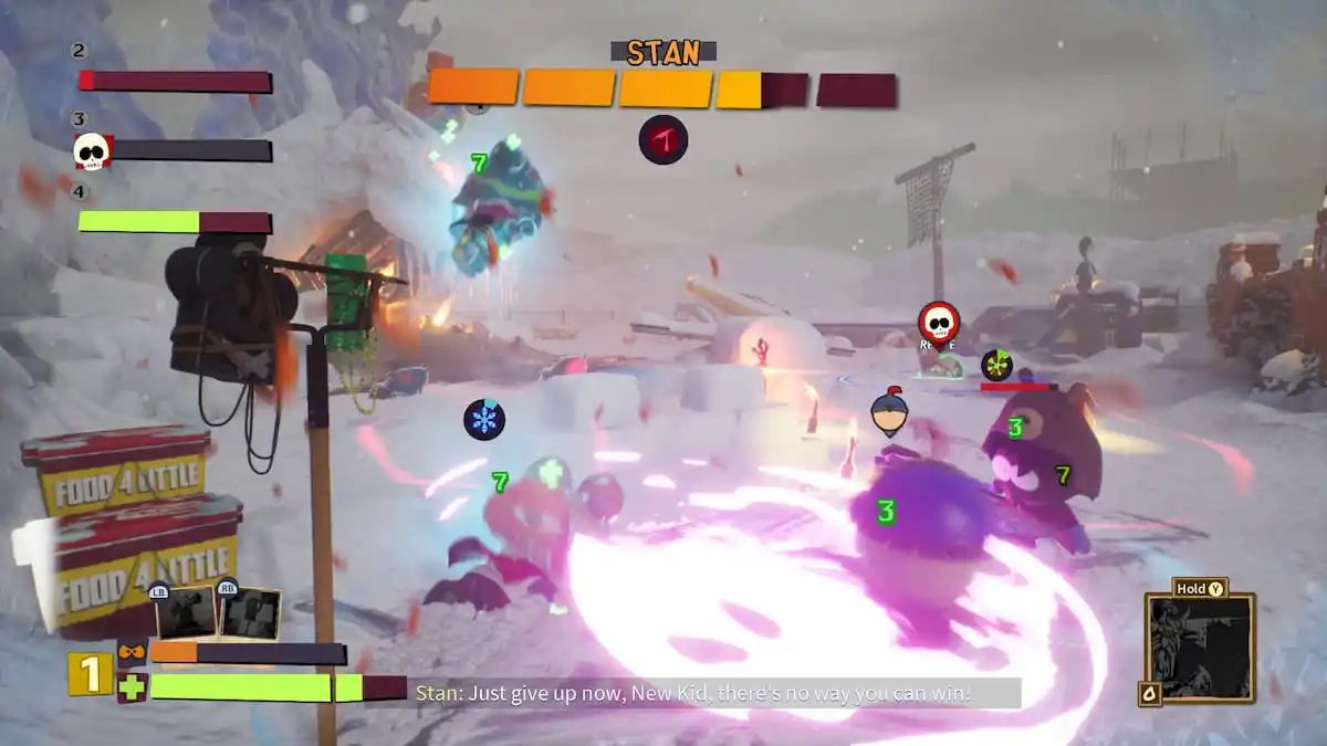 An in game screenshot of the Stan boss fight from South Park: Snow Day