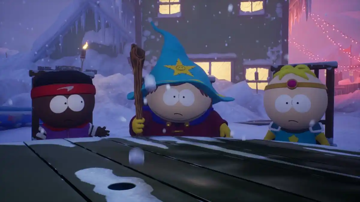 An in game image of Tolkien, Cartman and Butters from South Park: Snow Day