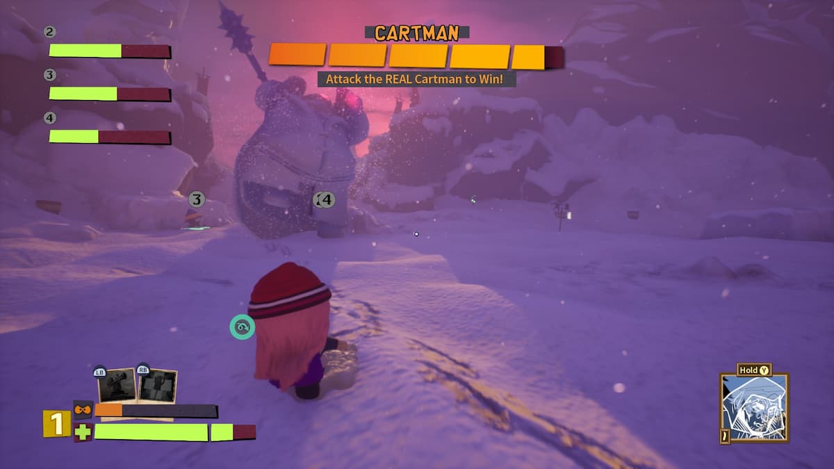 An in game image of the Cartman boss fight from South Park: Snow Day