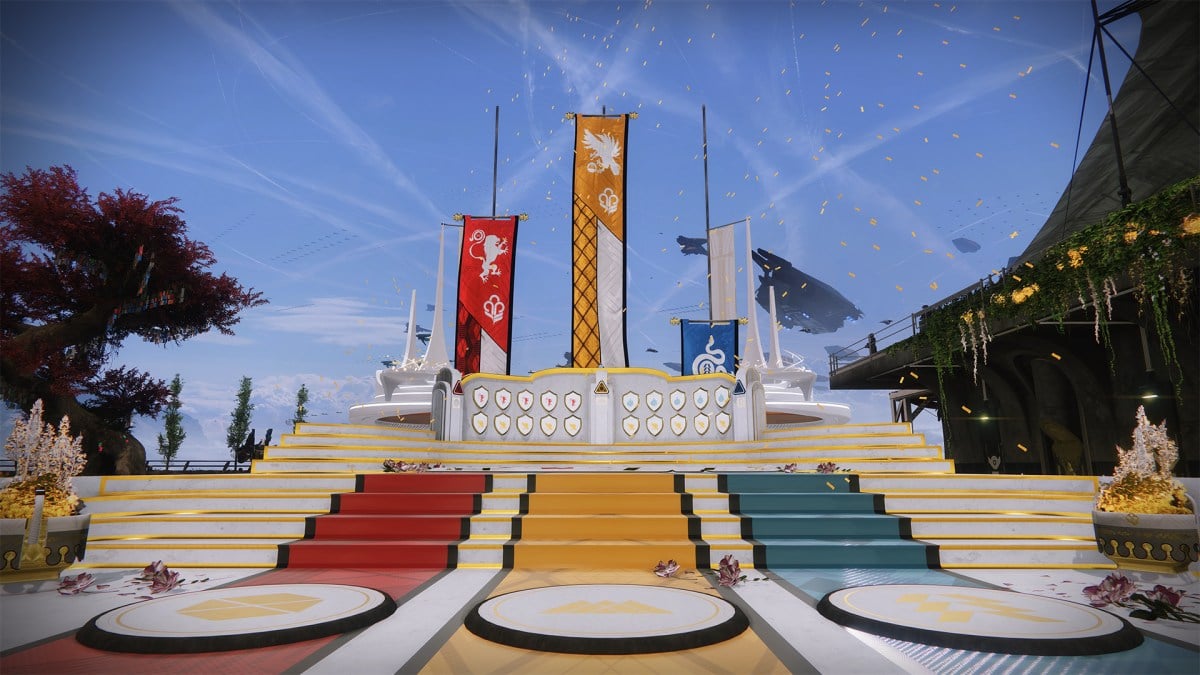 The Tower's flags indicate which class is winning the Guardian Games.