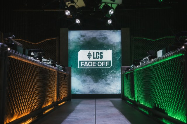 LCS stage during the Cage Match/ Face Off themed weekend, featuring chainlink fences and a green/orange glow around the smaller, temporary setup