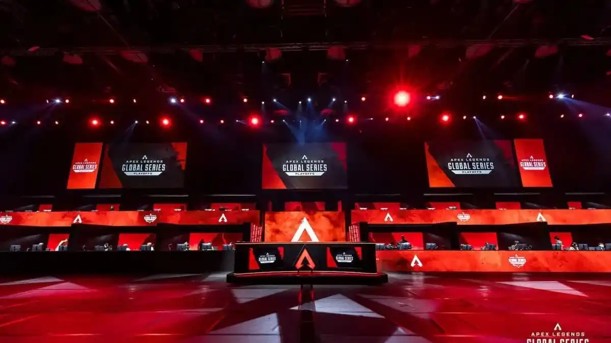 ALGS stage with red lights and a white logo.