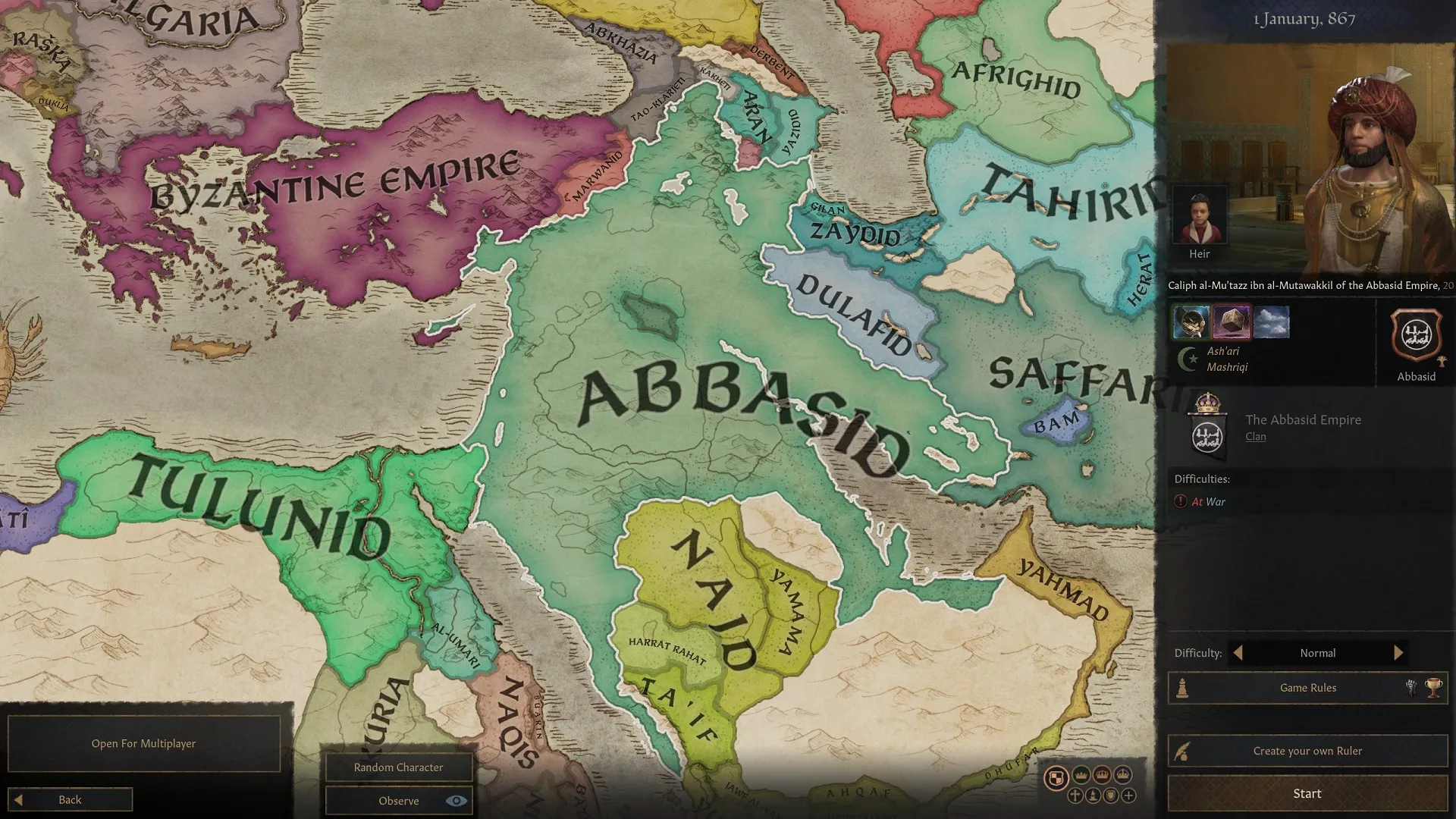 An image of the Abbasid Empire start in Crusader Kings 3.