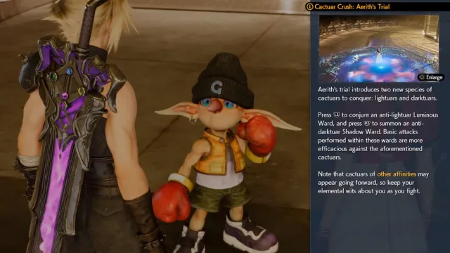 Kid G speaking with Cloud with the instructions for Aerith's Cactuar Crush minigame