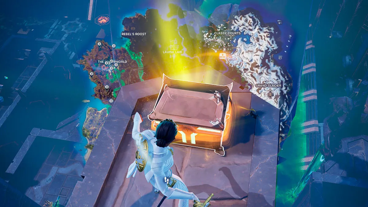 Character opening God Chest with Fortnite map in the background