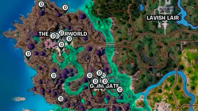 A map of The Underworld and Grim Gate with Underworld Chest locations in Fortnite.