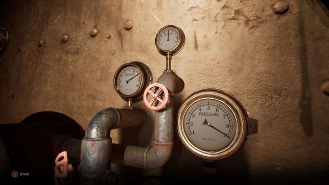 An Alone in the Dark screenshot that shows three old fashioned pressure gauges on the side of a boiler.