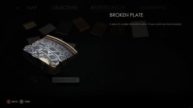 A screenshot showing a Broken Plate clue page in Alone in the dark.