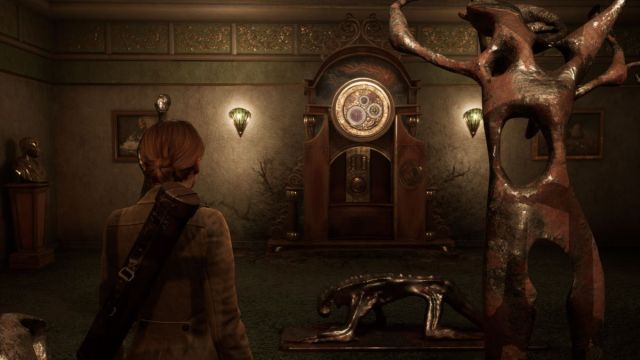 A screenshot from Alone in the Dark that shows Emily facing a grandfather clock in a dim room.