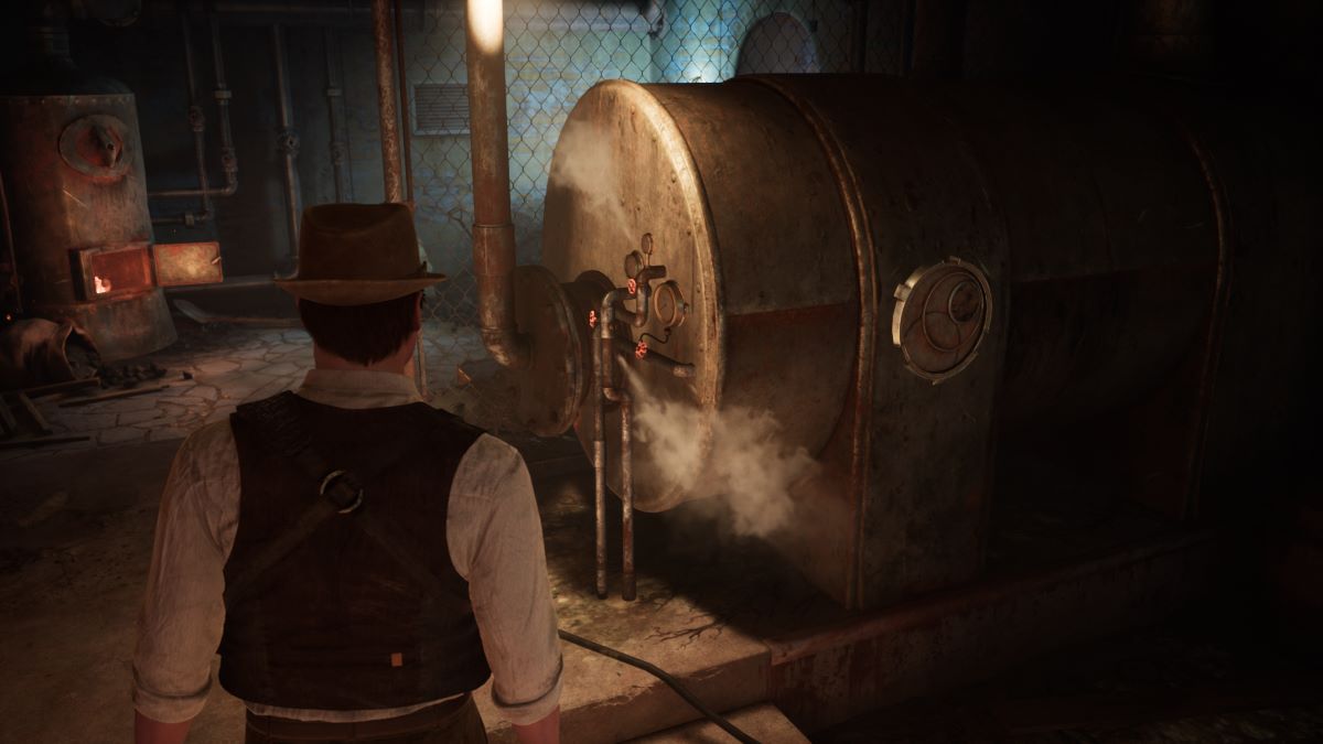 An Alone in the Dark screenshot that shows Edward looking at a broken boiler in the basement of Dercerto.