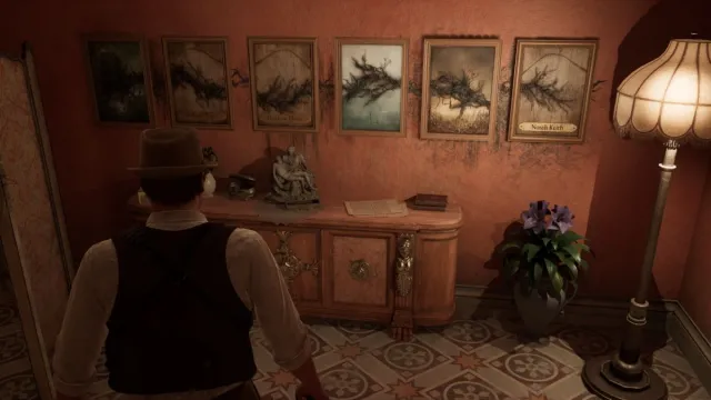 A screenshot from Alone in the Dark that shows Carnby looking at the six paintings in Perosi's Room.