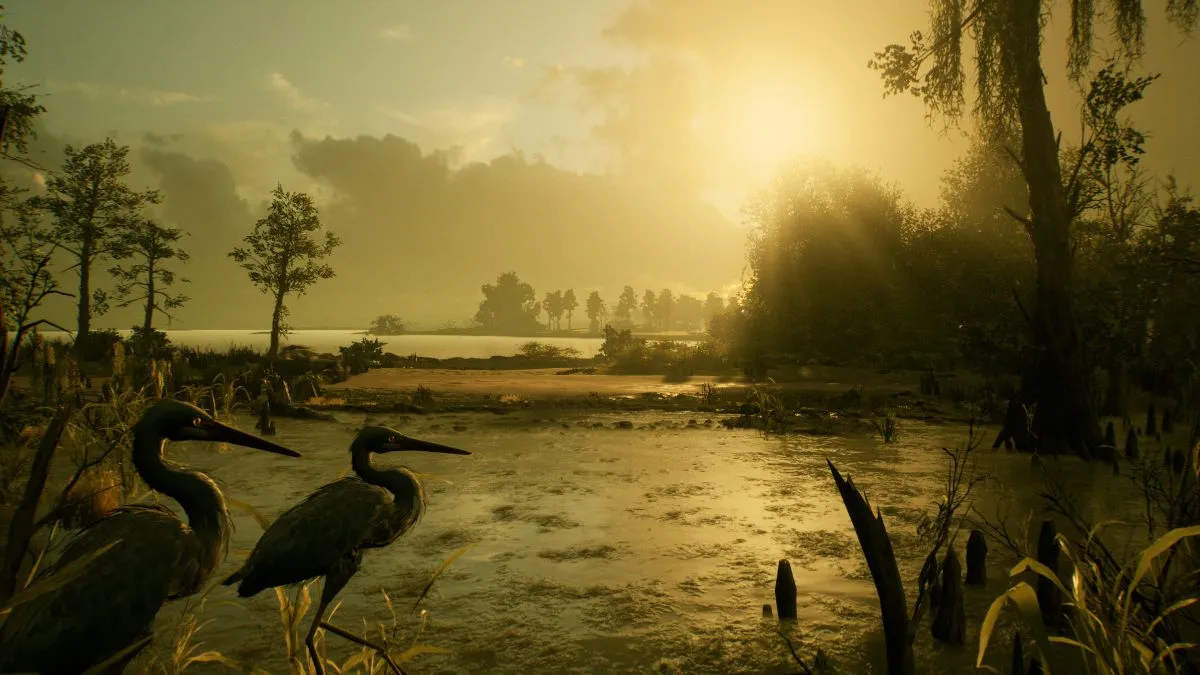 A screenshot from Alone in the Dark that shows a New Orleans swamp from the opening cinematic.