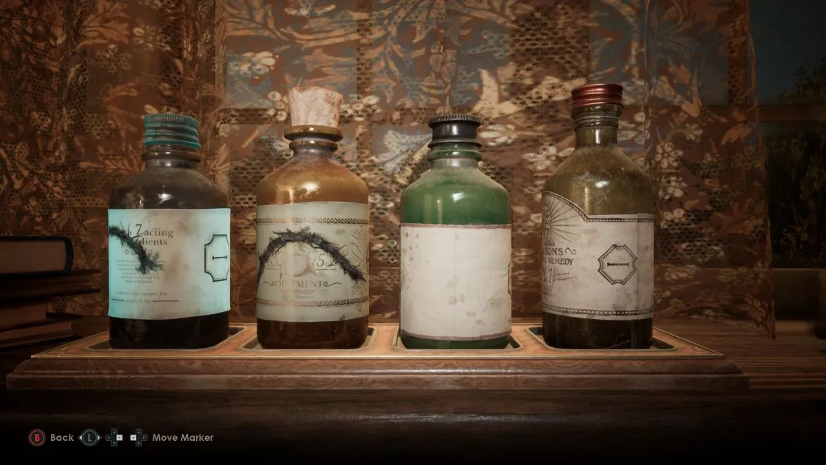 A screenshot of the four medicine bottle puzzle in Alone in the Dark.