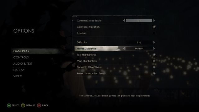 A screenshot from Alone in the Dark that shows the Gameplay menu options in the Start screen.