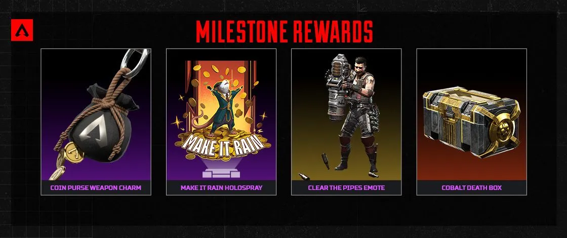 The milestone tracker from the Apex Legends Shadow Society collection event, including the Cobalt Death Box.