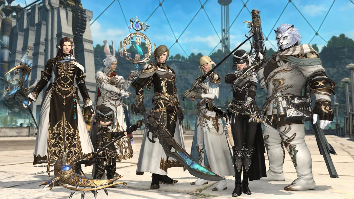 FFXIV characters in an armor set looking at the camera