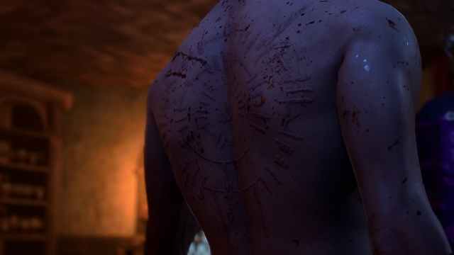 A screenshot of Astarion's back scars in BG3.