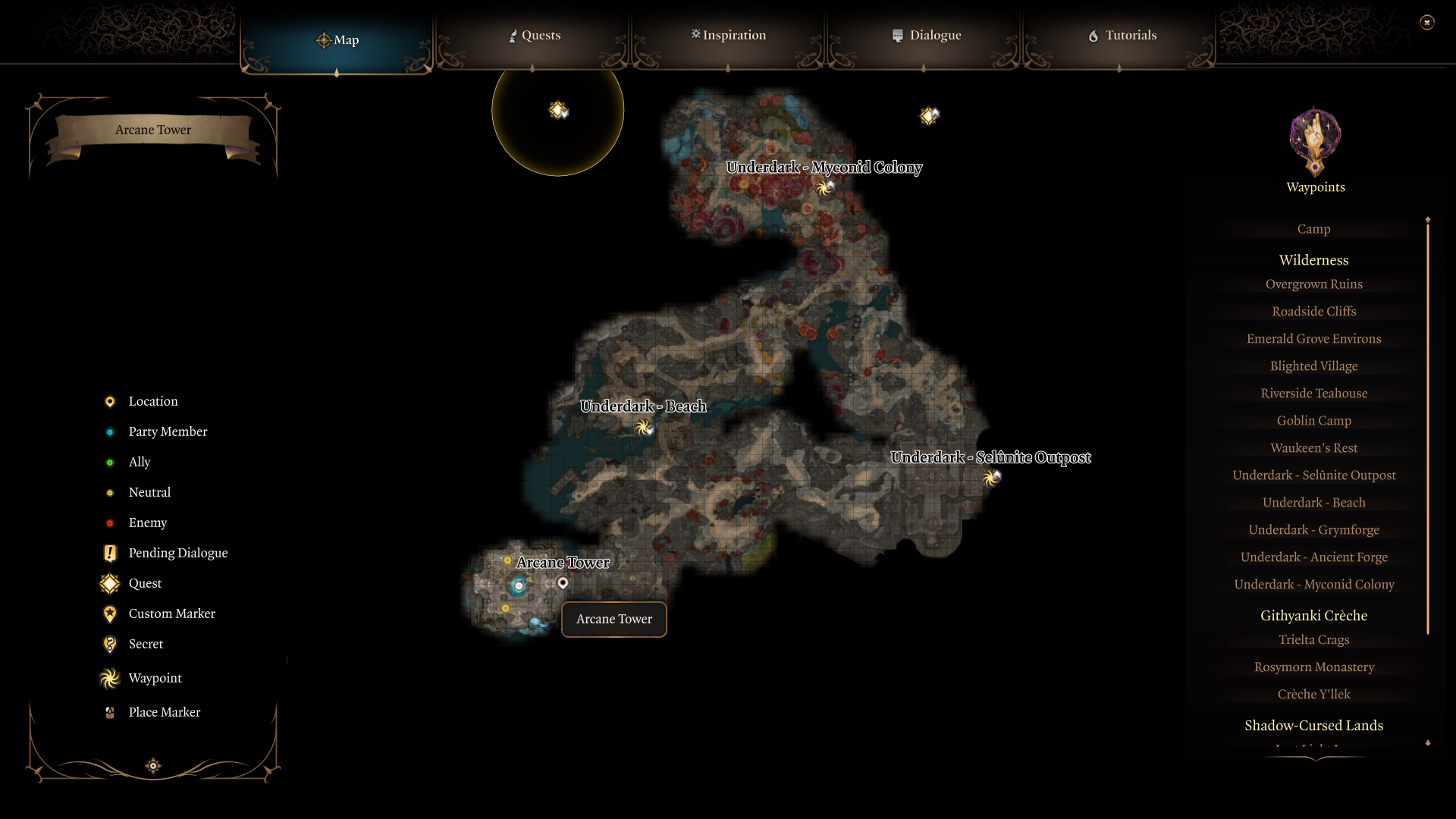 Image of the map in BG3 showing the Arcane Tower.