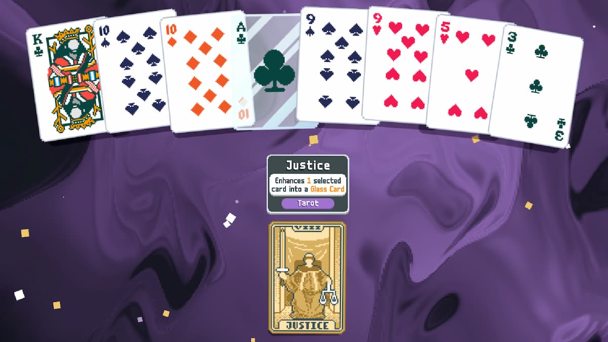 Balatro cards with a Justice card at the bottom
