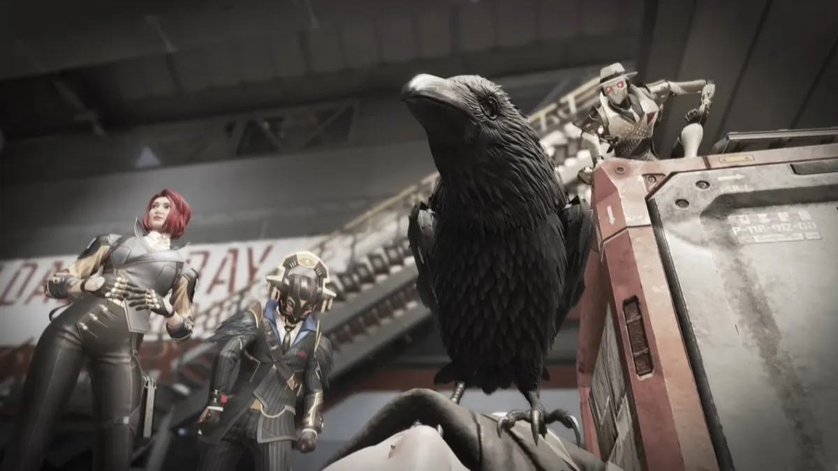 Bloodhound's raven looking over a body in Apex Legends Shadow Society trailer