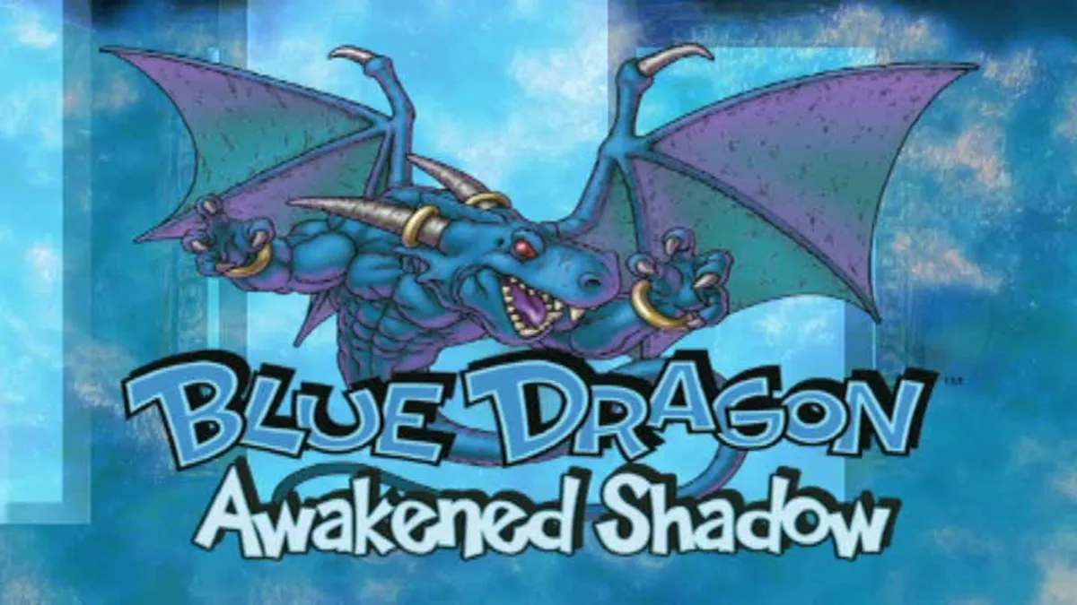 The Blue Dragon in Blue Dragon Awakened Shadow on a game splash screen with a blue background