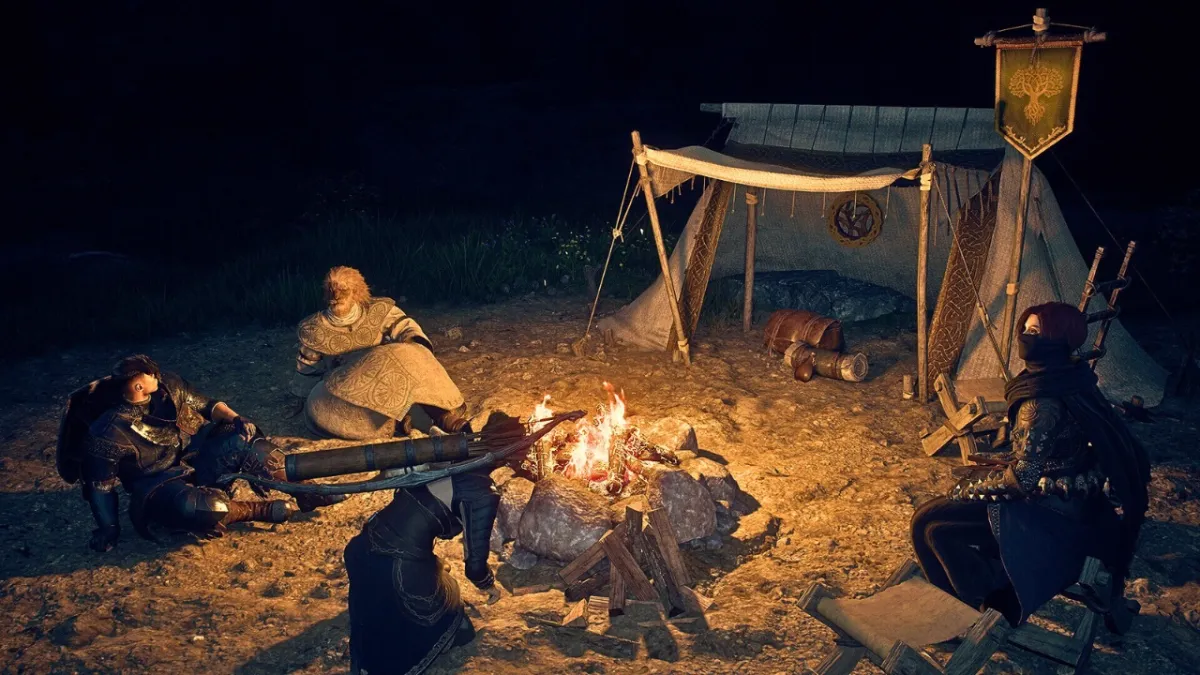 NPCS resting around a campfire with a tent in Dragons Dogma 2