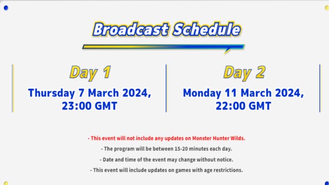 A screenshot of the Capcom Highlights schedule with a message outlined on Monster Hunter Wilds.