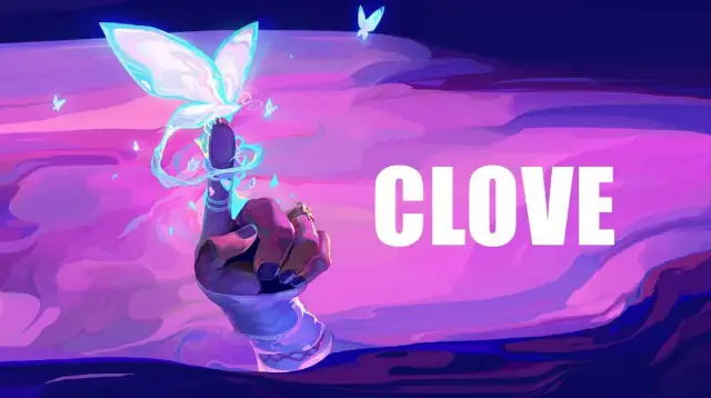 A glowing butterfly wraps around a finger pointing upwards with the word "CLOVE" next to it.