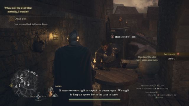 A Dragon's Dogma 2 screenshot of the Arisen speaking with Captain Brandt as quest information appears on the game's HUD.