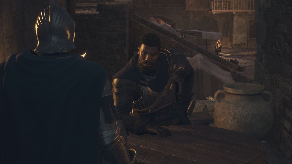 A Dragon's Dogma 2 screenshot of the Arisen speaking with Captain Brandt.
