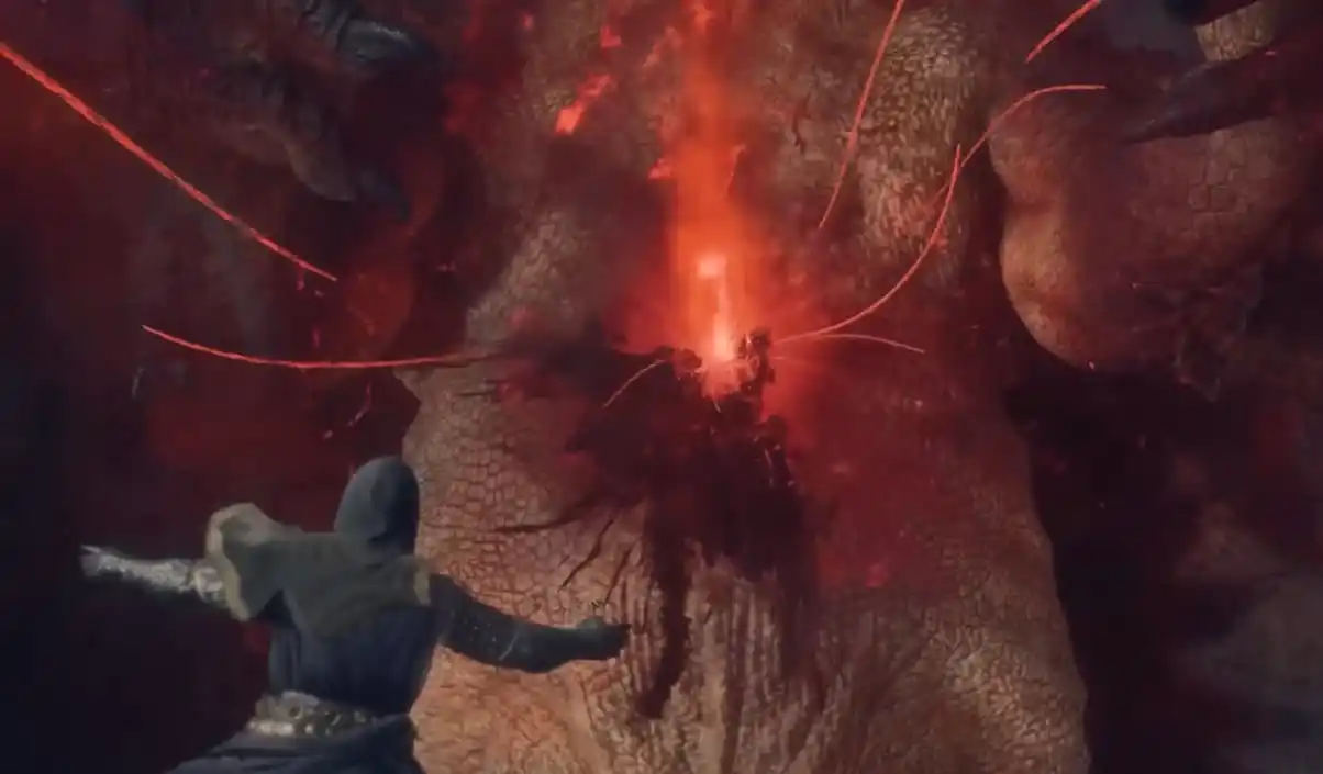 Image of the Arsien jumping onto the Dragon in Dragon's Dogma 2.
