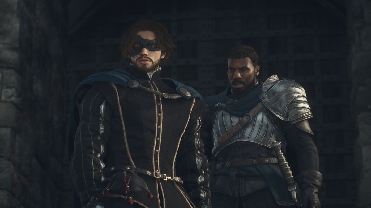 A Dragon's Dogma 2 screenshot that shows the Arisen and captain Brandt outside of the Vernworth palace.