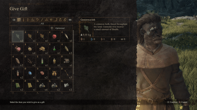 Image of the gift giving menu in Dragon's Dogma 2.