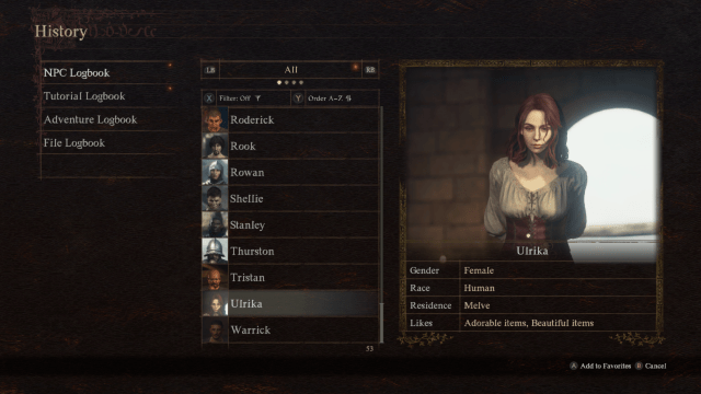 Image of the history tab in Dragon's Dogma 2.