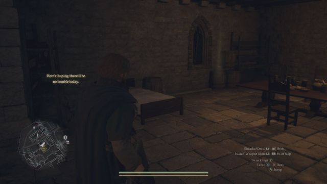 A Dragon's Dogma 2 screenshot of the Arisen standing in the guard's chambers of the Vernworth palace.