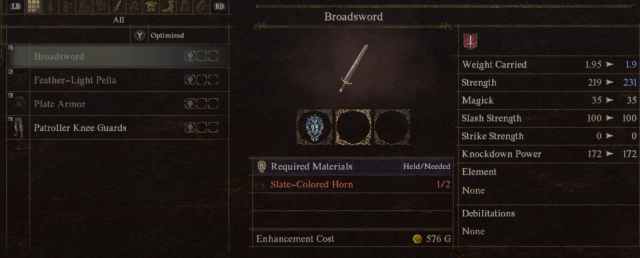 Image of a Broadsword being upgraded in Dragon's Dogma 2.