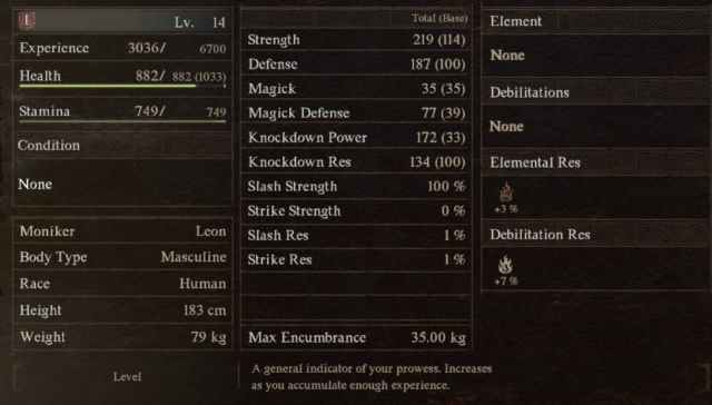 Image of a character's stat page in Dragon's Dogma 2.