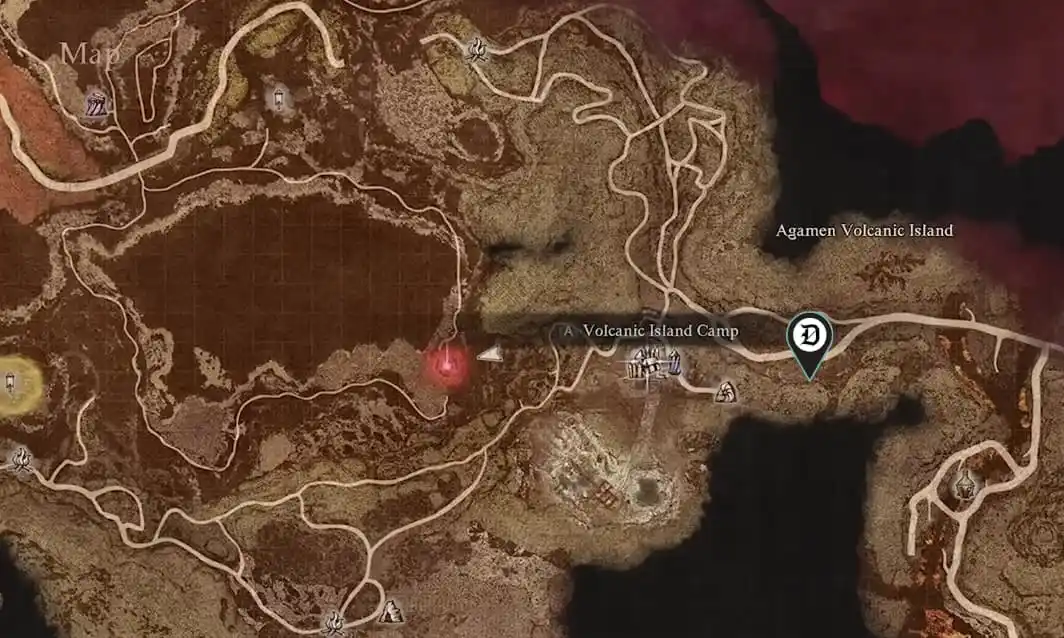 Image of the Dragon's Dogma 2 map showing the Volcanic Island Camp.
