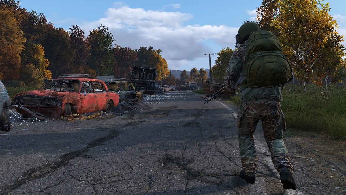 An image of the player character roaming the ruined streets in DayZ.