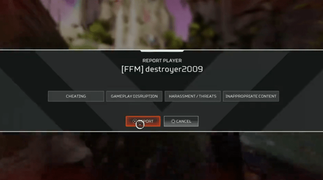 Screenshot from an Apex Legends game showing a player reporting an account named "[FFM] destroyer2009" for cheating
