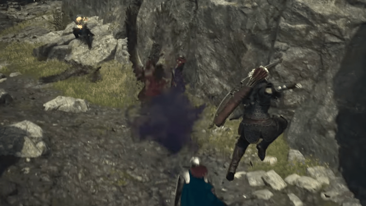 An Archer performs an arrow shot after kicking off of an enemy in Dragon's Dogma 2.