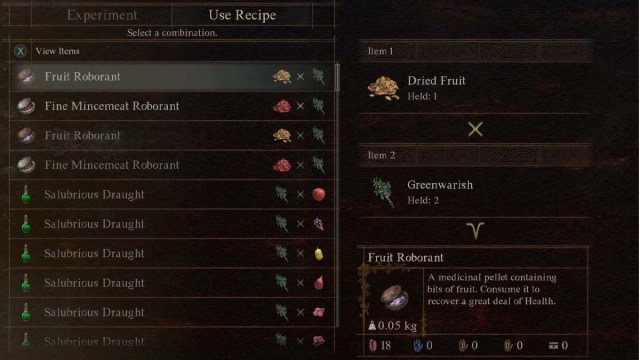 Recipe selection menu in Dragon's Dogma 2