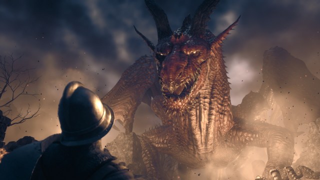A cutscene showing a Dragon looking at a character in Dragon's Dogma 2.