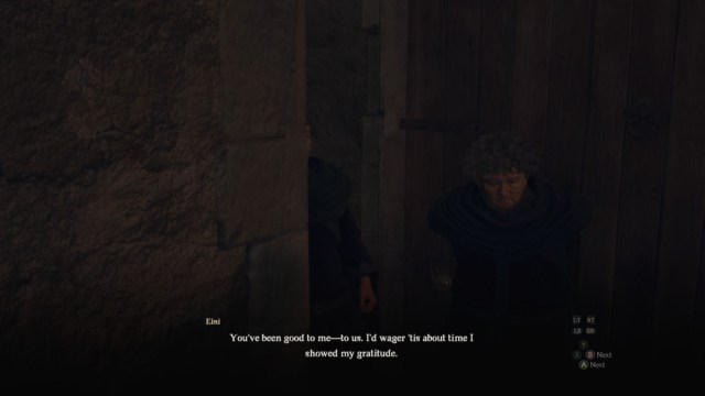 The grandmother of Trysha, Eini, and her sister in Dragon's Dogma 2, thanking the Arisen for their help.