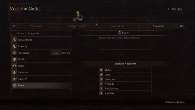 Augments shown in a menu in Dragon's Dogma 2.