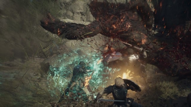 A Mystic Spearhand uses Mirour Shelde to parry an attack in Dragon's Dogma 2.