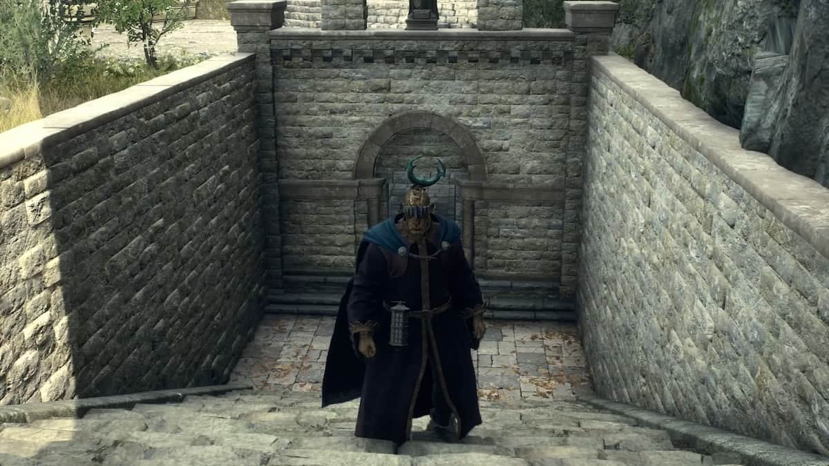 A player in Dragon's Dogma 2 stood outside a Morgue.